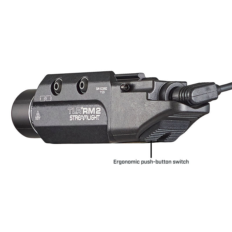 Streamlight TLR RM 2 rail light in black showing the two-cell CR123A battery tube profile