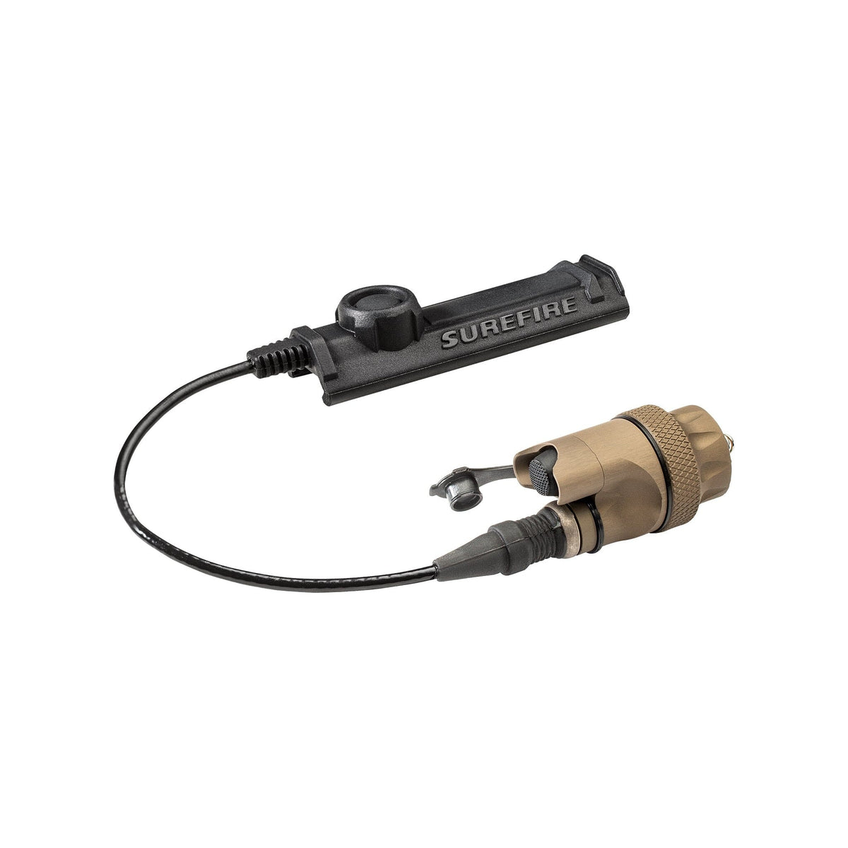 SureFire DS-SR07 dual switch in tan, combining the DS00 switching tailcap with a remote tape pad