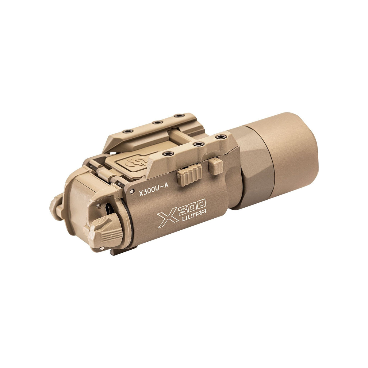 SureFire X300U-A Ultra in tan with the two CR123A lithium cells that power it