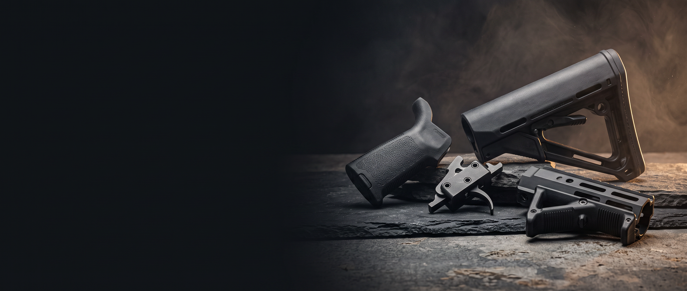 Premium AR-15 rifle components including a collapsible buttstock, pistol grip and machined trigger arranged on dark slate